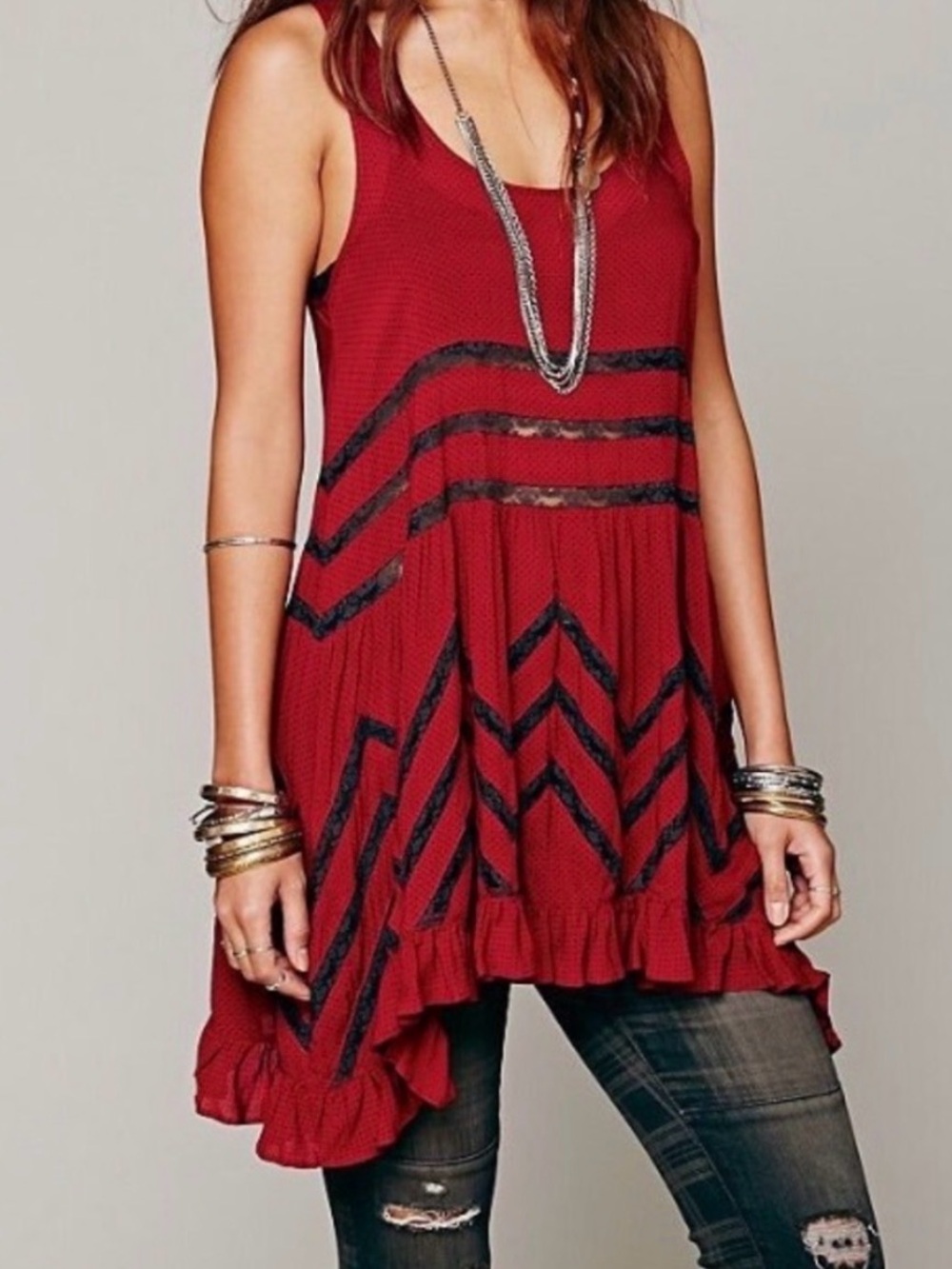 Free People Intimately Voile Lace Trapeze Slip Tunic Top Dress Red Black Medium